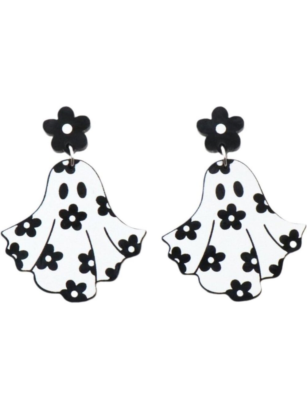 Women's White Wooden Spooky Dangle Flower Drop Stuff Charms Halloween Earrings